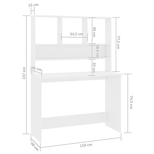 Desk with Shelves, High Gloss White, 43.3 x 17.7 x 61.8 Inches, Engineered Wood, Vertical Design for Small Spaces, Organize Folders, Documents, and PC Equipment - color: High Gloss White