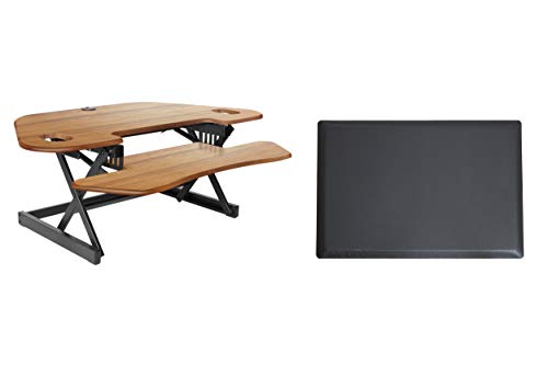 Rocelco 46" Height Adjustable Corner Standing Desk Converter with Anti Fatigue Mat Bundle - Quick Sit Stand Up Dual Monitor Riser - Computer Workstation - Teak Wood Grain (R CADRT-46-MAFM) - color: Teak/Black, style: Riser + Floor Mat