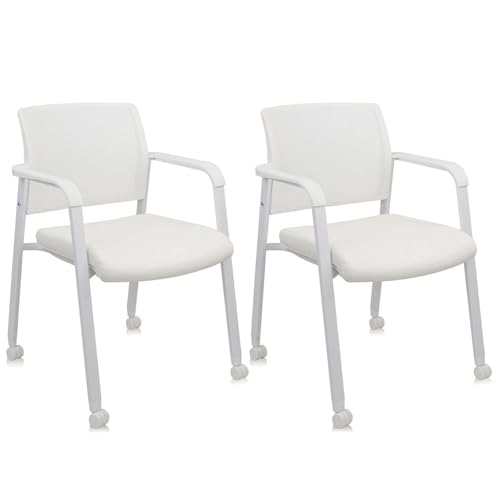 CLATINA Stacking Office Chairs | Mesh Back, Thicken Leather Seat and Arms, Ergonomic Lumber Support | Guest Reception, Waiting, Conference, School, Party, Customer, Side, Stationary | Set of 2, White - color: Withwheels White Leather, size: 2 pack