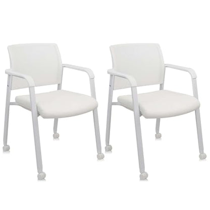 CLATINA Stacking Office Chairs | Mesh Back, Thicken Leather Seat and Arms, Ergonomic Lumber Support | Guest Reception, Waiting, Conference, School, Party, Customer, Side, Stationary | Set of 2, White - color: Withwheels White Leather, size: 2 pack
