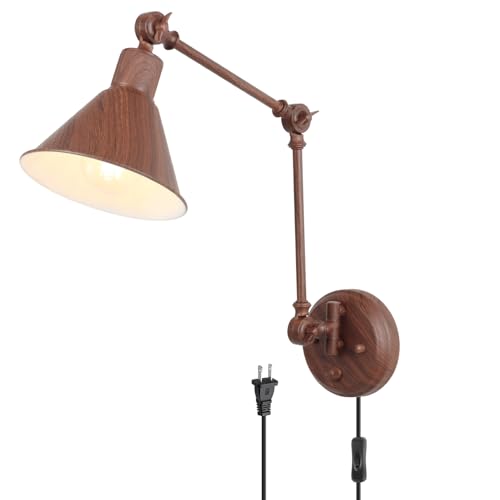 TRLIFE Wall Sconce Plug in, Dimmable Wall Sconce with Switch Swing Arm Wall Lights Plug in Wall Mounted Light Wall Sconces Lighting with 6FT Plug in Cord, E26 Base(1 Pack, Walnut Color) - color: Walnut color, size: 1 Pack- (Switch)