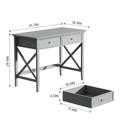 Lewahom Computer Desk with 2 Drawers, Elegant Home Office Writing Study Desk with Storage, Modern Simple Vanity Desk Console Table for Living Room, Grey - color: Grey
