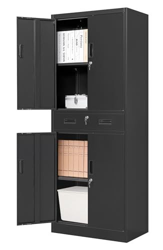 CMY Metal Storage Cabinet, 71" H x 28" W x 16" D Locking Storage Cabinet with Adjustable Shelves and One Drawer, Steel Cabinets for Office, Garage, Home, School, Utility Room(Black) - color: Black-1 Drawer, size: 71"H