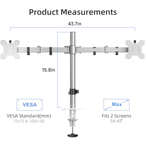 Suptek Dual Monitor Desk Mount, Adjustable Dual Monitor Arm for 2 Monitor Screens up to 43 inch, 15.75" Pole Monitor Stand for Desk, Holds up to 26.5 lbs,Silver(MD9442LS) - color: Silver, size: 34"-43"