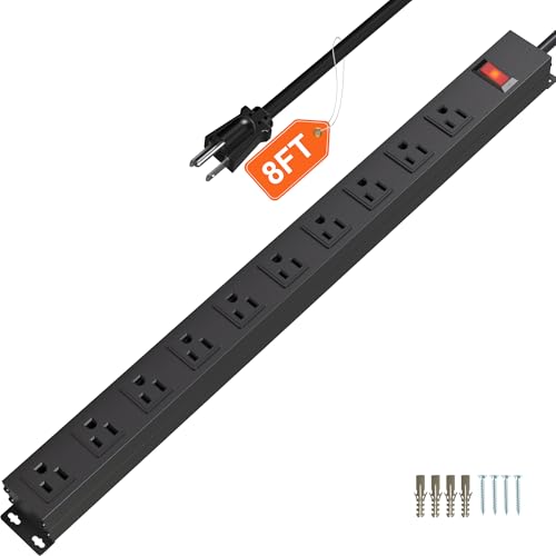 10 Outlet Metal Power Strip,8FT Long Extension Cord Heavy Duty for Kitchen,Office,School,Commercial,Workshop,Industrial,ETL Certified and Listed Socket,1825W/125V/15A,Black(8FT) - color: Black（10 outlet）, size: 8FT