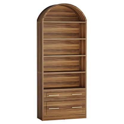 Tribesigns 76.8" Tall Arched Bookcase with File Cabinet Drawer, Brown - color: Walnut Brown