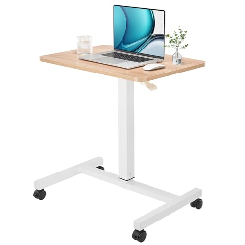 CLATINA Mobile Laptop Desk Pneumatic Sit to Stand Table Height Adjustable Rolling Cart with Lockable Wheels for Home Office Computer Workstation 28" x 19" Beige Round Edge Design Elegant - color: Beige, size: Drawerless