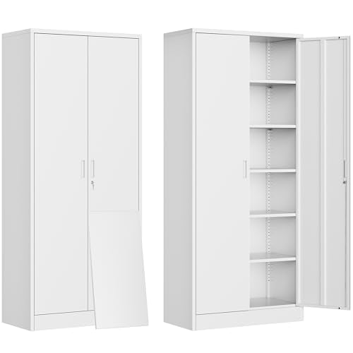 CJF 71" H Metal Storage Cabinet, Locking Cabinet with 2 Doors and 5 Adjustable Shelves, White Tall Cabinet for Garage, Home, Office, Pantry, Workshop, School - color: White, size: 71"H - NO DRAWERS