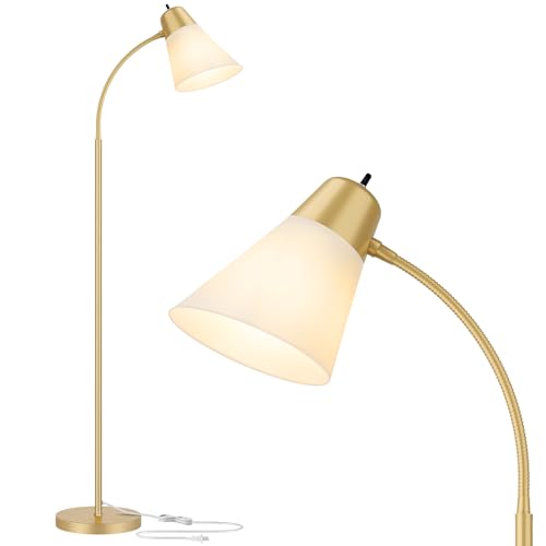 Coucrek Floor Lamp, Reading Floor Lamps for Living Room | Adjustable Head, Black Tall Lamp with White Plastic Shade, Home Lighting for Dorm Bedroom Office - color: Gold