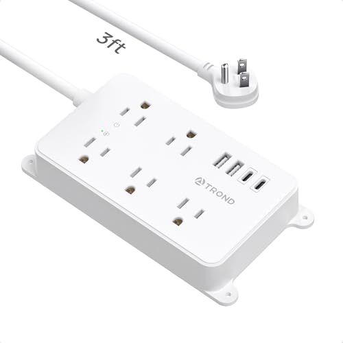 TROND Power Strip Surge Protector 3ft, Wall Mountable, ETL Listed | 5 Widely-Spaced Outlets with 2 USB A and 2 USB C, 1300J Surge Protector, Flat Plug, for Bedroom Office Kitchen, White - color: White, size: 3ft, style: 5 Outlets