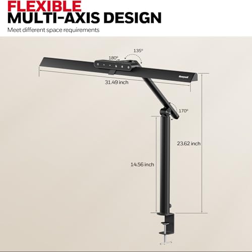 Honeywell HJ1 Sunturalux LED Clamp Desk Lamp 1200LM for Home Office | CRI≥97, 3000K-5700K, Low Blue Light, Flicker-Free, Dimmable Task Desk Light for Computer, Black - style: Black Clamp