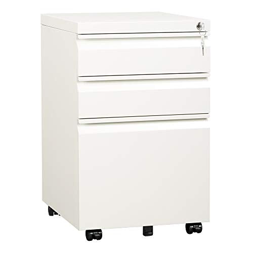 DEVAISE 3 Drawer Mobile File Cabinet with Lock, Metal, White - color: White, size: 17"D x 15"W x 24"H