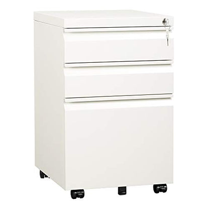 DEVAISE 3 Drawer Mobile File Cabinet with Lock, Metal, White - color: White, size: 17"D x 15"W x 24"H