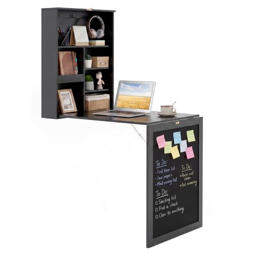 Tangkula Foldable Wall-Mounted Desk, Floating Desk with Chalkboard, Storage Shelves & Hooks, Space-Saving Murphy Table for Home Office, Bedroom, Dorm Room, Small Spaces - color: Black
