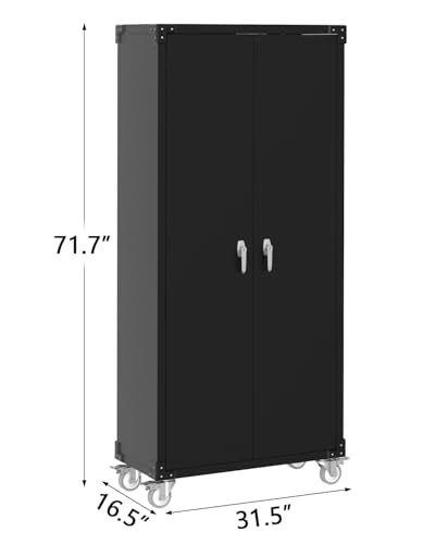GarveeHome Garage Storage Cabinet with Wheels & Pegboard, 72 in H Locking Metal Storage Cabinet with 2 Doors & 4 Adjustable Shelves for Garage Workshop Home Office, Black