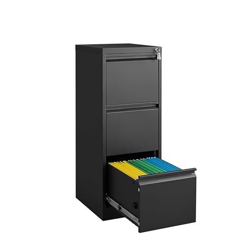GarveeHome 3 Drawer Vertical File Cabinet with Lock, Black Metal Filing Cabinet with Drawers for Home Office, Lockable Storage Cabinet Hanging Letter Size/Legal Files