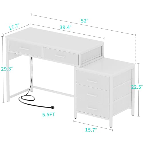 Unikito Reversible Computer Desk with 5 Drawers, Sturdy Office Desk with Power Outlets and USB Ports, Study Writing Table with File Cabinet & Printer Stand, Vanity Desk with Storage, White - color: White