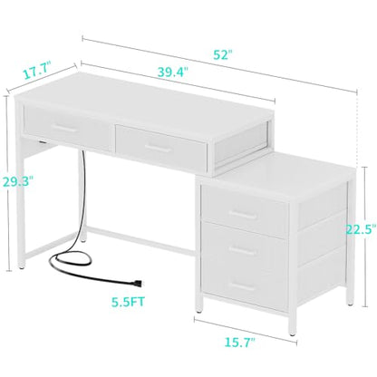 Unikito Reversible Computer Desk with 5 Drawers, Sturdy Office Desk with Power Outlets and USB Ports, Study Writing Table with File Cabinet & Printer Stand, Vanity Desk with Storage, White - color: White