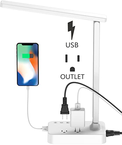 Drevet LED Desk Lamp, Desk Light with 1 USB Charging Port and 2 AC Power Outlet, 3 Lighting Modes, 3 Level Brightness,1H Timer, Touch Control, Eye-Caring Home Office Foldable Table Lamp (White) - color: White
