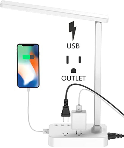 Drevet LED Desk Lamp, Desk Light with 1 USB Charging Port and 2 AC Power Outlet, 3 Lighting Modes, 3 Level Brightness,1H Timer, Touch Control, Eye-Caring Home Office Foldable Table Lamp (White) - color: White