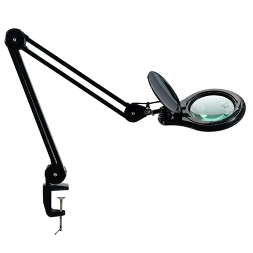 Bifocal LED Magnifying Lamp with Clamp, 14W 1200LM, Black | 5-inch bifocal glass lens with 60 SMD LEDs provides 2.25X & 6X magnification and 4 brightness levels - color: Black