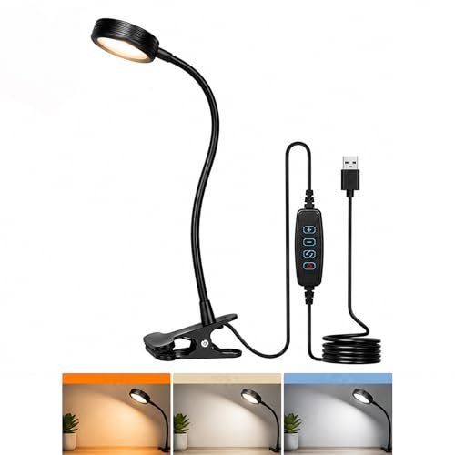 USB Clip-On Lamp, Eye Caring Dimmable Reading Light (Warm+Cool White, 8W) | Dimmable, Inline Switch, 1M Timer, USB 5V Port, 3000K+6000K, 81inch Long Cable, Flexible Gooseneck, Metal Head and Clip - color: Warm + Cool White