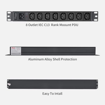Power Strip, 8 Outlets IEC C13 Metal PDU Power Strip,Built-in C20 Outlet Extender Heavy Duty, 16A 250V 4000W Server Rack PDU/Data Center Power