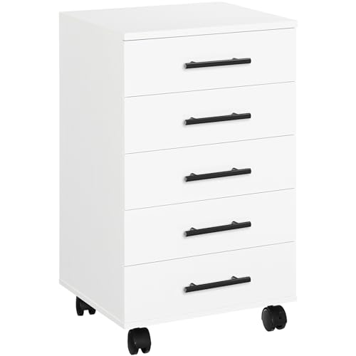 HOOBRO 5-Drawer File Cabinet, Office Filing Cabinet with Drawers, Wooden Mobile Storage Cabinet with Wheels, for Makeup, Home Office, Easy Assembly, White WT05WJ01G1 - color: White