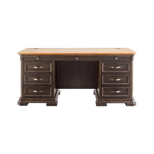 Pemberly Row Executive Desk, 60”W x 28”D x 30”H, Solid Wood Plank Top, Brown Finish, Double Pedestal Design, Dropfront Keyboard Drawer, Locking File Drawers, Antique Bronze Hardware, Home Office Desk