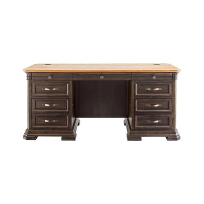 Pemberly Row Executive Desk, 60”W x 28”D x 30”H, Solid Wood Plank Top, Brown Finish, Double Pedestal Design, Dropfront Keyboard Drawer, Locking File Drawers, Antique Bronze Hardware, Home Office Desk