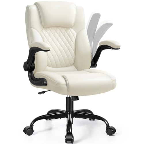 Leather Office Chair, PU Home Computer Desk Chairs with Ergonomic Back Support, 360°Swivel Free，Small Gaming Chair with Wheels and Adjustable Armrests, for Short People Use - color: Cream, size: 1 Pack