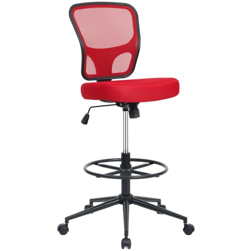 Armless Office Chair, Tall Ergonomic Chair for Standing Desk, Adjustable Height Mesh Computer Chair with Foot Ring & Wheels, Rolling Drafting Chair for Home Office - color: Red