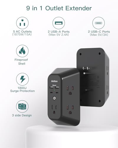 Addtam 5-Outlet Extender Surge Protector, Multi Plug Wall Outlet with 4 USB Wall Charger(2 USB C), Outlet Splitter Power Strip for Home Office Dorm Room Essentials, Plug Extension Outlet 1800J, Black - style: 2C2A No PD