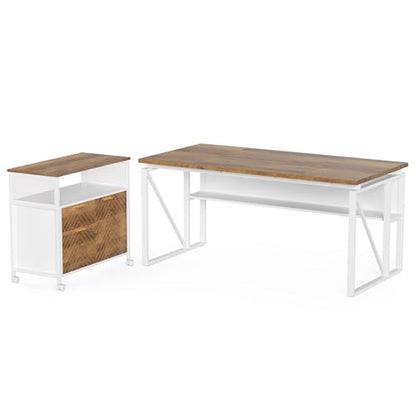 LITTLE TREE 63-Inch Office Desk with 31.5-Inch Lateral File Cabinet, Study Writing Desk Computer Desk for Home Office - color: Rustic