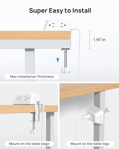 Desk Clamp Power Strip, Surge Protector with 5 AC Outlets and 3 USB Ports, Desk Mount Charging Station, Surge Protector Power Strip with 360° Rotating Flat Plug, 5 Widely Spaced Outlets with 2 USB C