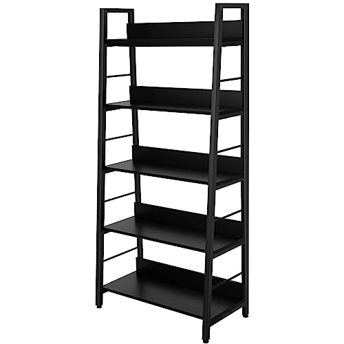BATHWA 5 Tier Book Shelf, Industrial Bookcase and Storage Rack Accent Ladder Bookshelf, Black Wooden 28'' Wide 59''Tall Shelves Ladder Shelf for Living Room, Bedroom, Home Office - color: Black, size: 1pack-59"H x 27.7"W x 13.8"D