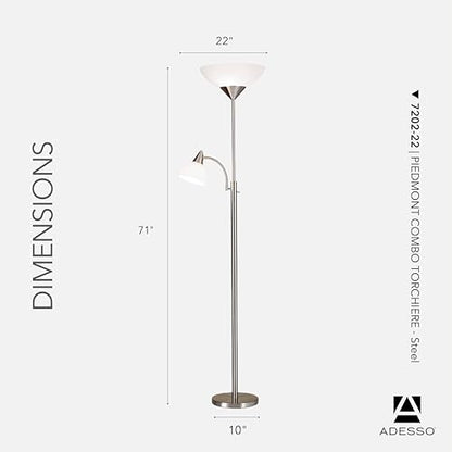 Adesso Floor Lamp, Brushed Steel, Dual-Socket, Adjustable Reading Light 71” - color: Brushed Steel