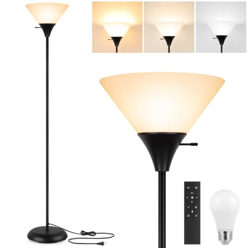 Coucrek Floor Lamp for Living Room, Torchiere Standing Light | Remote Control Stepless Dimmable Brightness & Color Temperature, 9W LED Bulb Included, Tall Lamp for Bedroom, Office, Dorm - color: Black