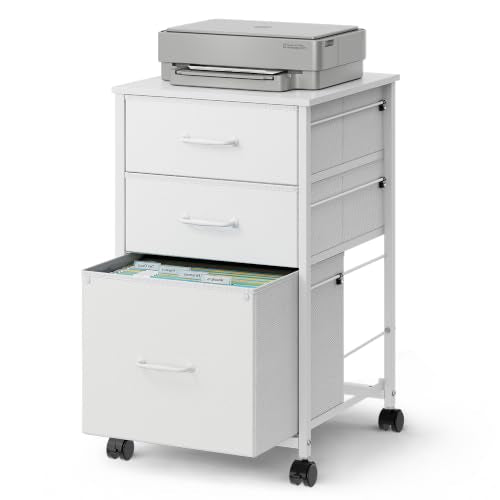 DEVAISE Mobile File Cabinet, Rolling Printer Stand with 3 Drawers, Fabric Vertical Filing Cabinet fits A4 or Letter Size for Home Office, White - color: White, size: 15.8''D×15.4''W×26.8''H