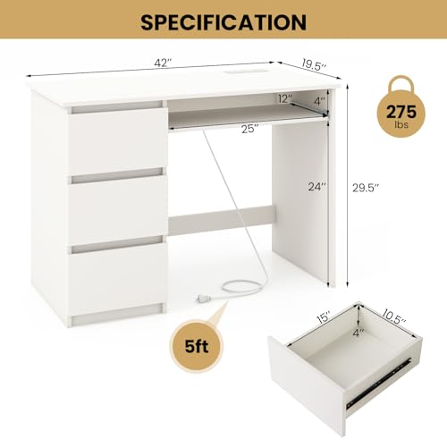 Tangkula White Desk with 3 Storage Drawers & Built-in Charging Station, Home Office Desk with Keyboard Tray, PC Desk Study Writing Table, Vanity Table for Bedroom, Computer Workstation (White) - color: White