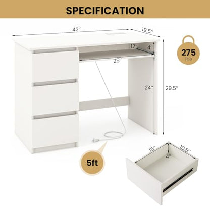 Tangkula White Desk with 3 Storage Drawers & Built-in Charging Station, Home Office Desk with Keyboard Tray, PC Desk Study Writing Table, Vanity Table for Bedroom, Computer Workstation (White) - color: White