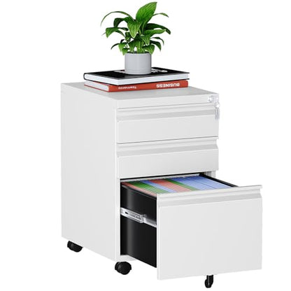 MIIIKO 3 Drawer File Cabinet on Wheels, Home Office Mobile File Drawers Under Desk, Full Assembled White Filing Cabinets with Lock for Legal/Letter/A4 File Folders - color: White, size: 3Drawer-24.5"H
