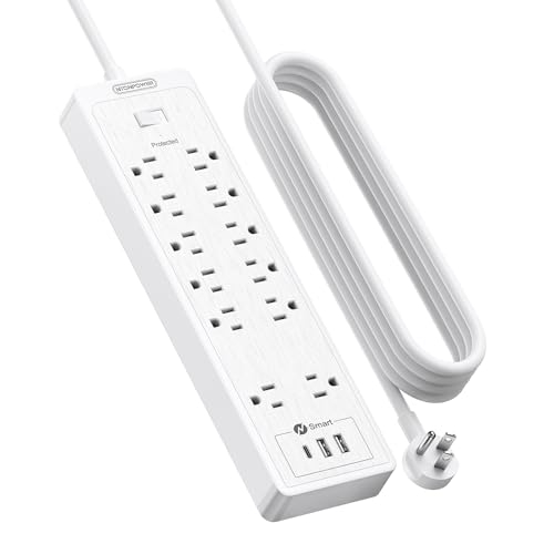 15 ft Extension Cord Flat Plug Power Strip, NTONPOWER 2100 Joules with 12 Outlet 3 USB Port, 1875W/15A, Overload Protection, Long Cord Wall Mountable for Home Office Accessories, White - color: White, size: 15 FT-12 Outlets