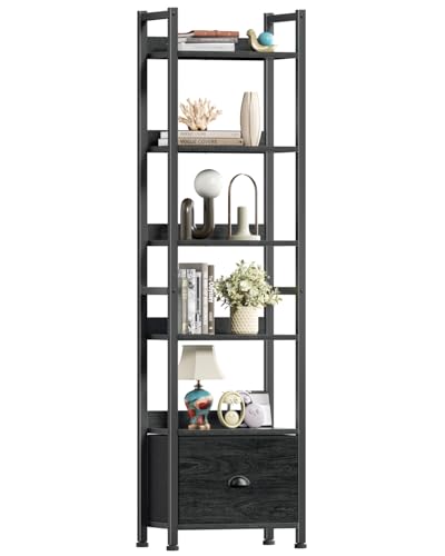 Furologee 6 Tier Bookshelf, Tall Shelf with Drawer, Wood and Metal Bookshelves Storage Organizer, Industrial Display Shelving Unit for Bedroom, Living Room, Home Office, Black Oak - color: Black Oak, size: 6 Tier -1 PCS