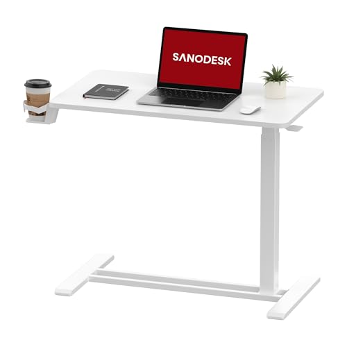 SANODESK 28''Mobile Standing Desk with Hidden Wheels,Pneumatic Laptop Desk | Sofa Computer Cart Movable Height Adjustable Table Small Sit Stand Desk for Home Office Hospital Use,27.6" W x 15.7" D,White - color: White, size: 28x16
