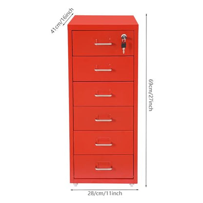 6 Drawers Mobile File Cabinet Rolling Vertical Filing Cabinet Under Desk Storage Organization 16" D x 11" W x 27" H (Red) - color: Red