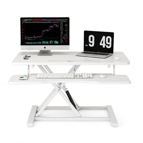 Standing Desk Converter 35.8" × 15.7", Height Adjustable Sit Stand Desk Riser with 7-Level Settings, Foldable Ergonomic Computer Workstation for Home Office — White