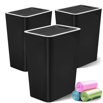 Lysam 4 Gallon Trash Can 3 Packs, Bedroom Trash Can with Lid & Trash Bags | Small Garbage Can Press-Top for Dog & Child Proof, Oder Seal, Waste Basket for Bedroom, Office, Living Room, Bathroom, Black - color: Black - 3 Packs