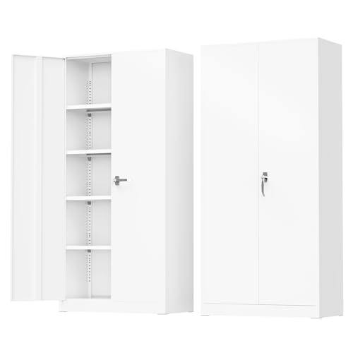 Greenvelly Metal Storage Cabinet - 72" Steel White Cabinet with 2 Doors and 4 Adjustable Shelves, Lockable - Perfect for Garage, Home Office, Pantry - color: White, size: 72 Inch - Large