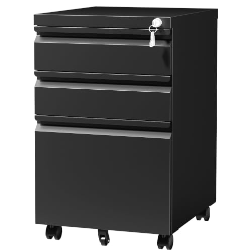 SAWJEC 3 Drawer Mobile File Cabinet with Lock, Fully Assembled, Black - color: 02b-black